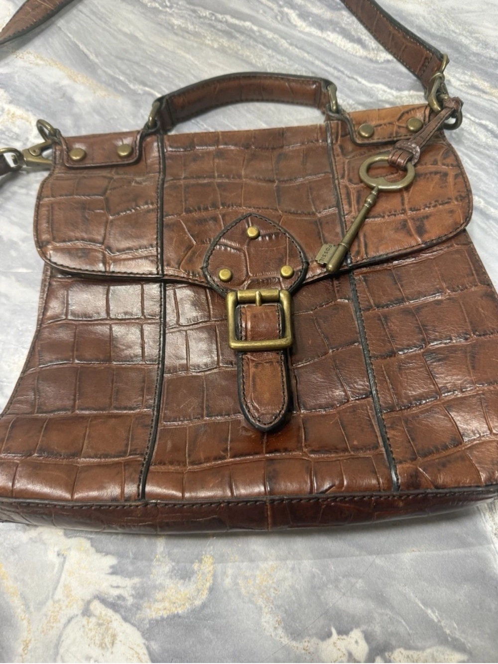 Fossil Brown Croc-Embossed Leather Satchel with Key Charm